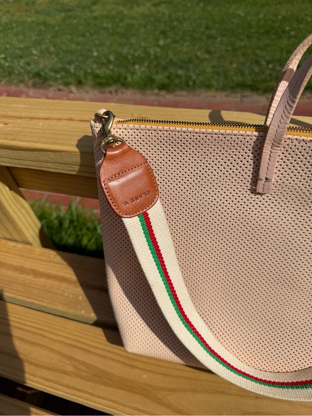 Clare V Blush Pink Perforated Tote with Striped Shoulder Strap - Picture 14 of 14